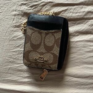 Coach Black and Tan Card Wallet with Gold Chain